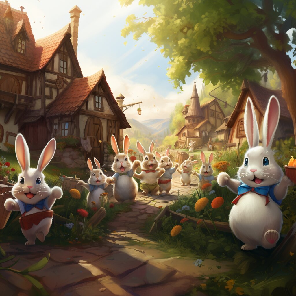 Ein Dorf mit vielen lustigen Hasen.
