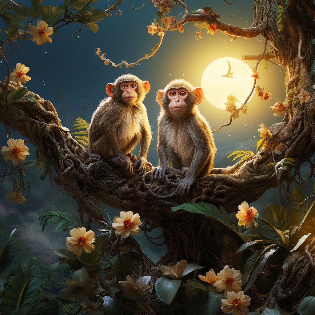 Zwei Affen sitzen nachts auf einem Baum umgeben von Blüten.