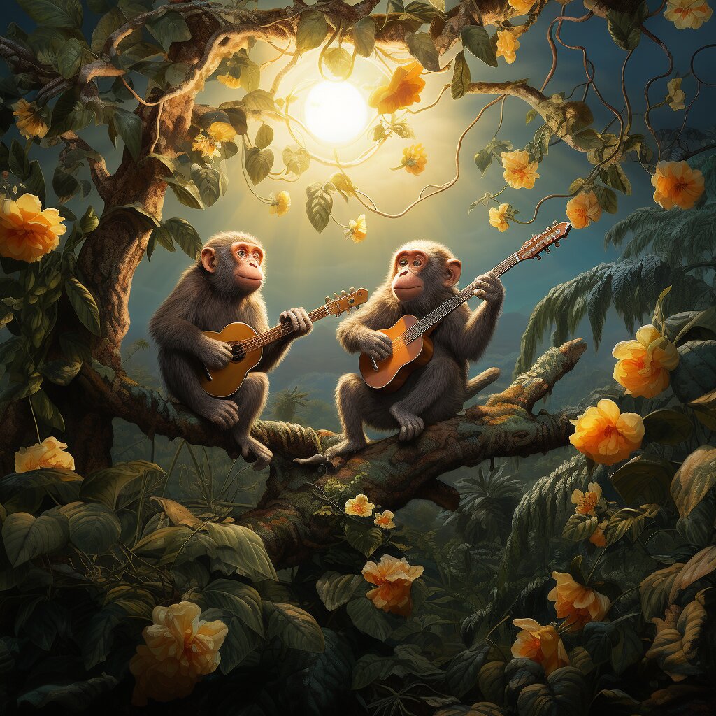 Zwei Affen sitzen nachts auf einem Baum und spielen Gitarre,
