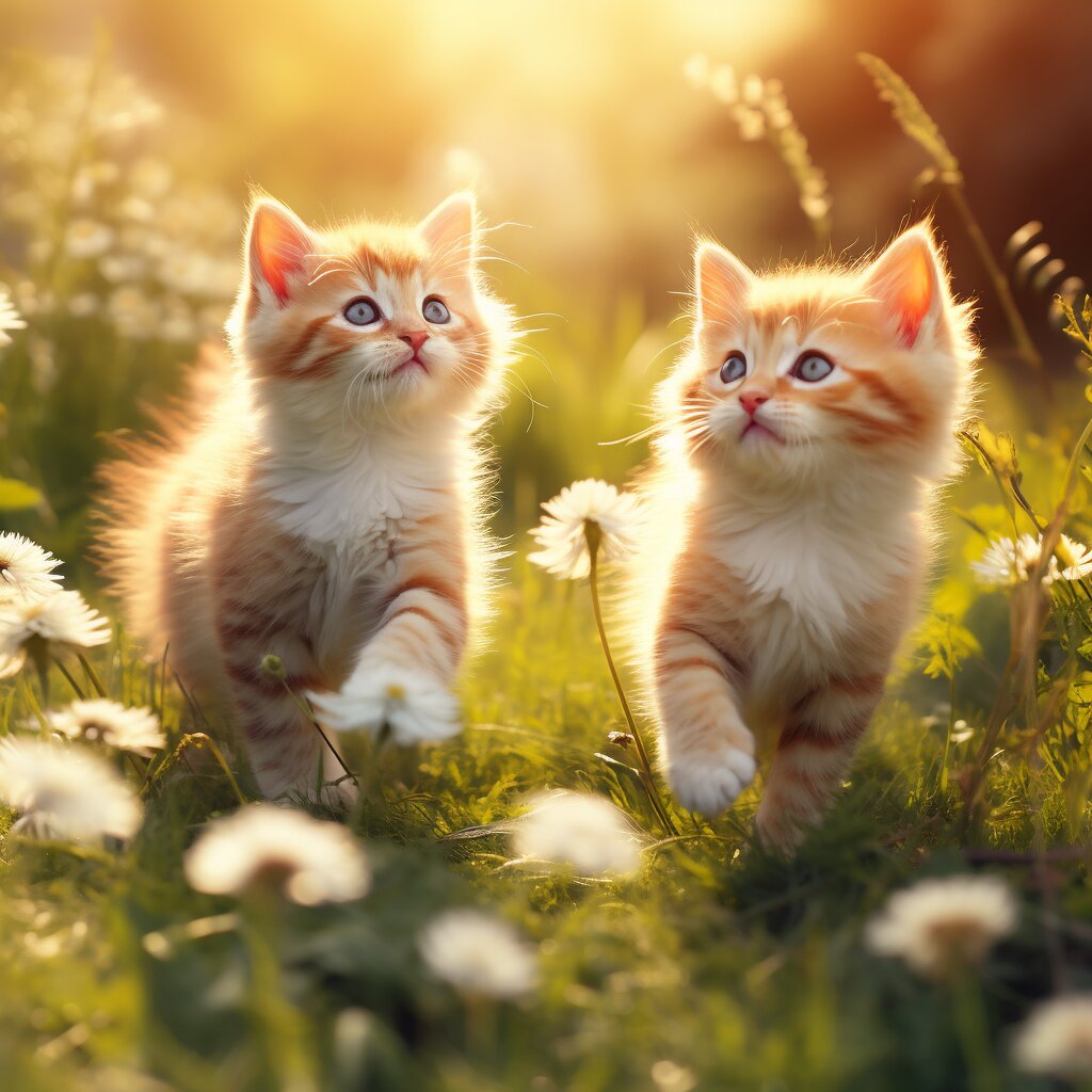 Zwei kleine Kätzchen gehen in einer Blumenwiese spazieren.