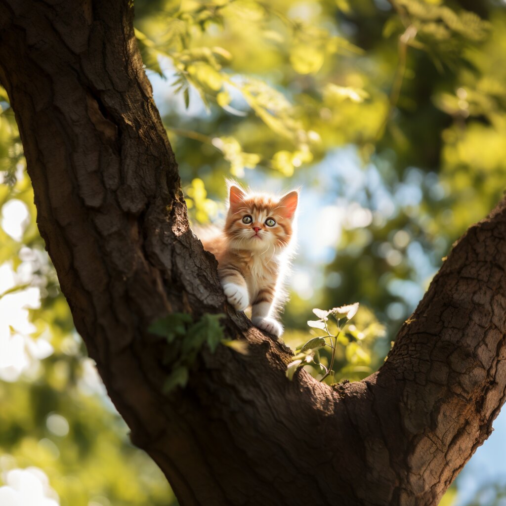 Eine kleine Katze sitzt ängstlich auf einem Baum.