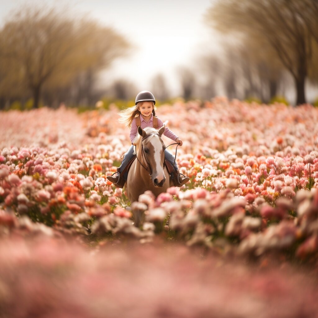 Ein junges Mädchen, dass über ein Feld voller Blumen reitet.