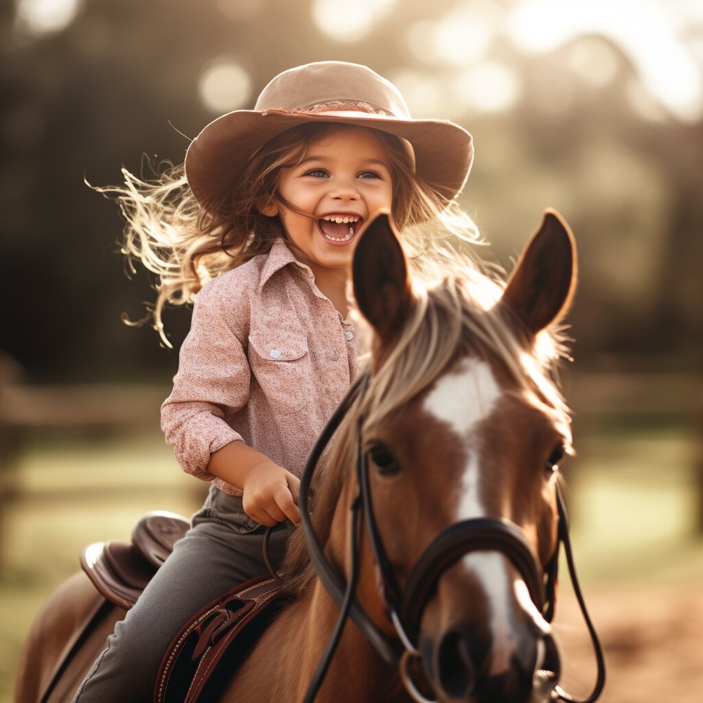 Ein junges lachendes Mädchen mit Cowboyhut reitet auf ihrem Pferd.