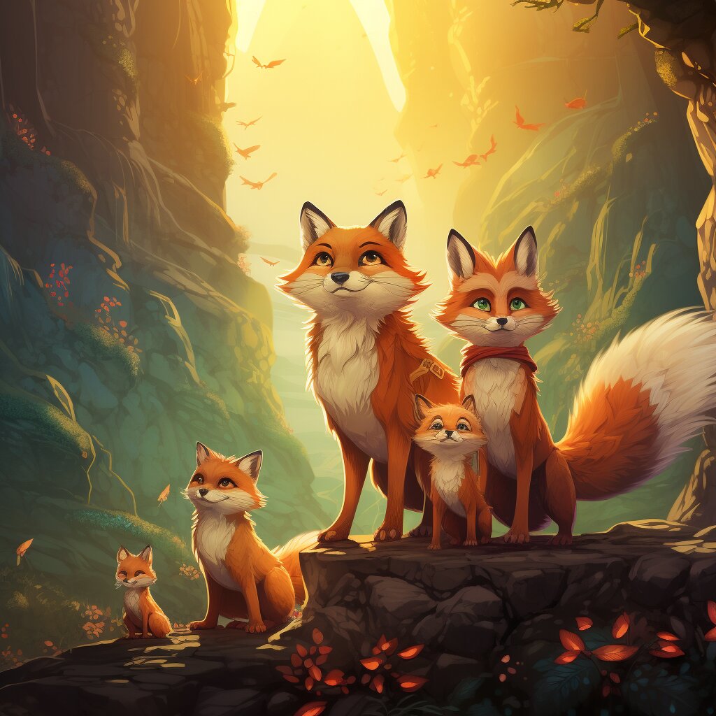 Eine Fuchsfamilie begibt sich auf ein Abenteuer in den Bergen.