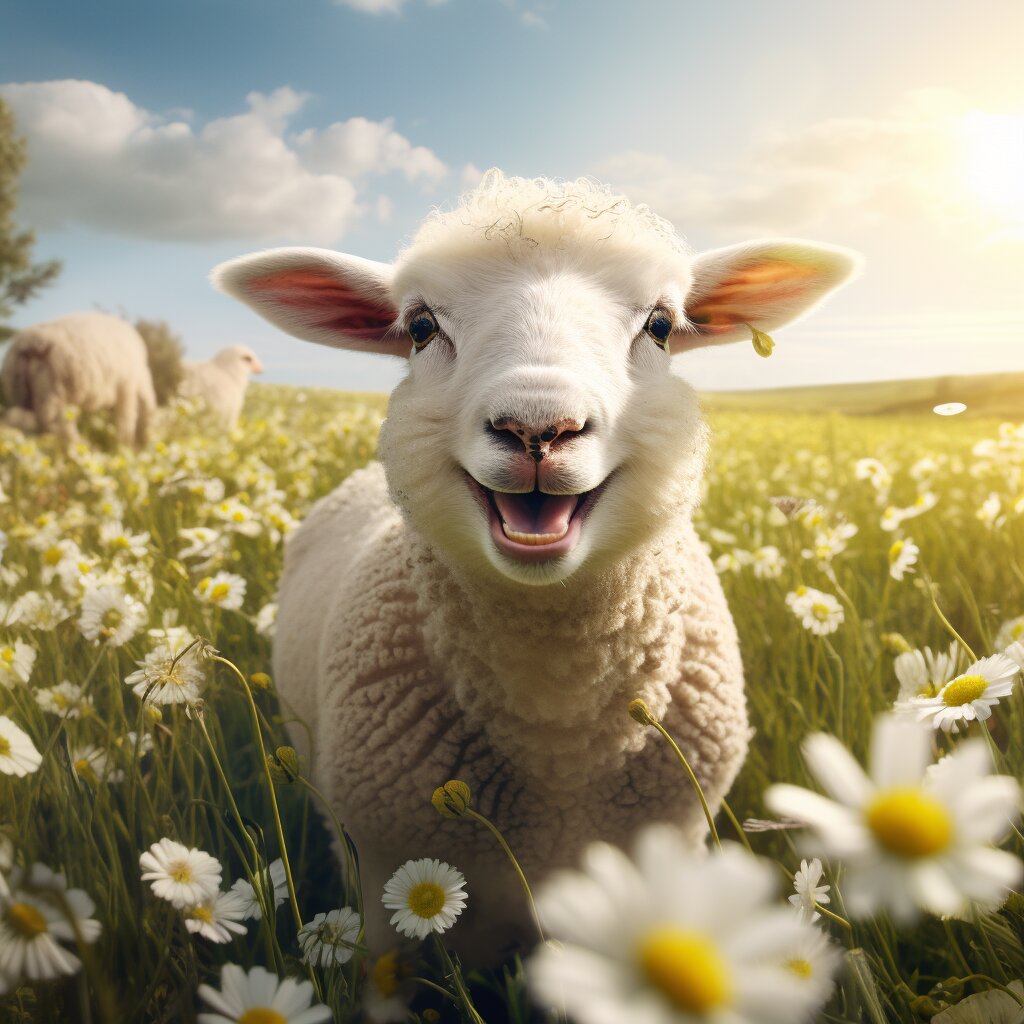 Ein fröhliches Schaf auf einer Blumenwiese lächelt.