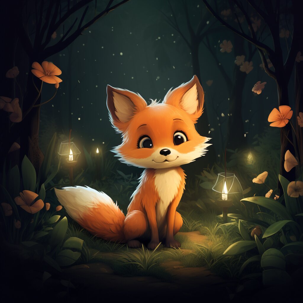Ein kleiner putziger Fuchs bei Nacht im Wald.