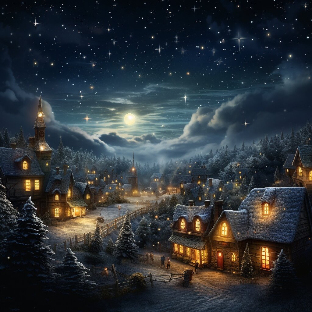Ein verschneites Winterdorf bei Nacht mit vielen Lichtern.