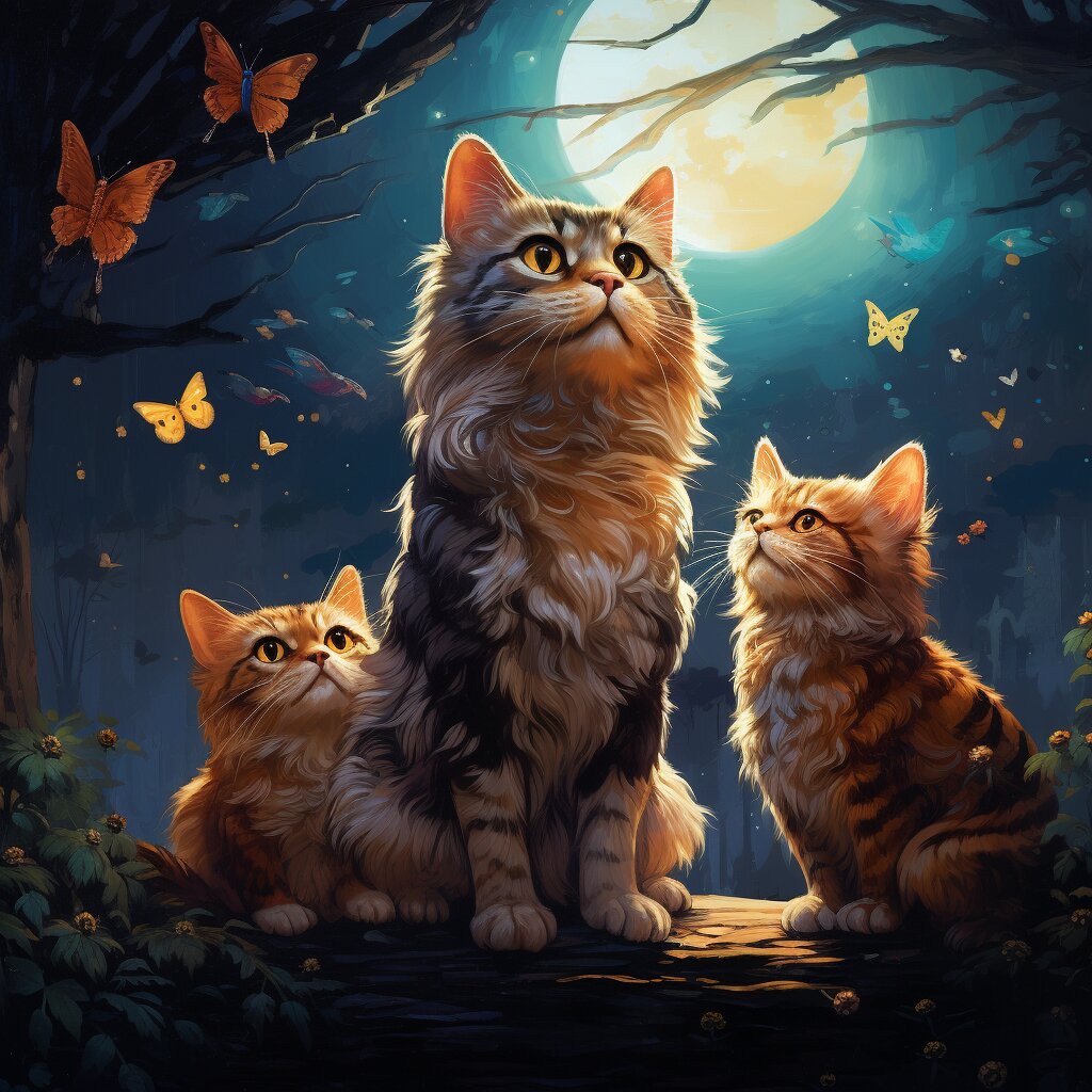 Drei Katzen und Schmetterlinge bei Nacht unterwegs.