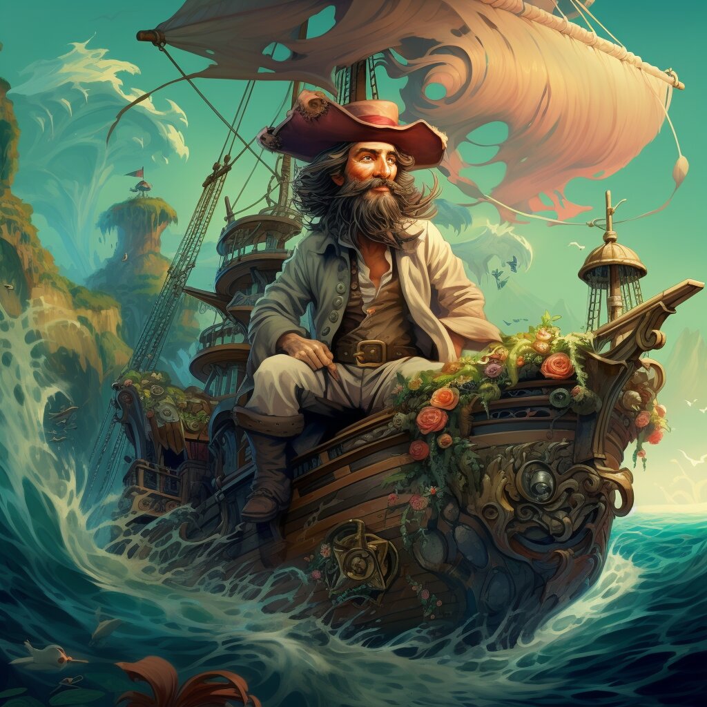 Ein Piratenkapitän auf seinem Schiff bei stürmischer See.