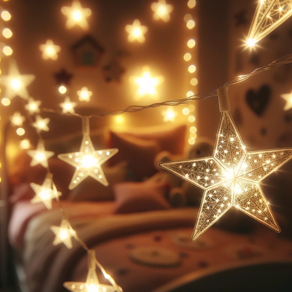 Eine Lichterkette mit warmen LED Sternen hängt am Bett in einem Kinderzimmer.