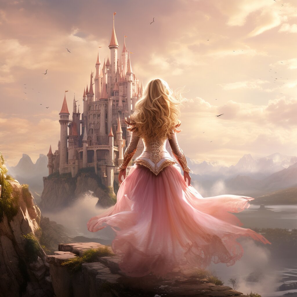 Eine edle Prinzessin betrachtet ihr Schloss aus der Ferne.
