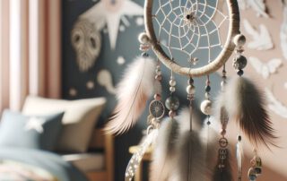 Ein klassischer Traumfänger mit Federn und Perlen hängt in einem Kinderzimmer in der Nähe des Bettes.