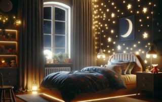 Ein gemütliches Kinderzimmer bei Nacht mit einem einladenden Bett und vielen warmen Lichtern rundum.